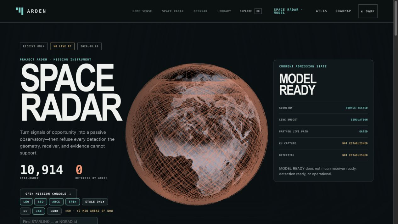 Space Radar explicitly showing model-ready state and zero Arden detections